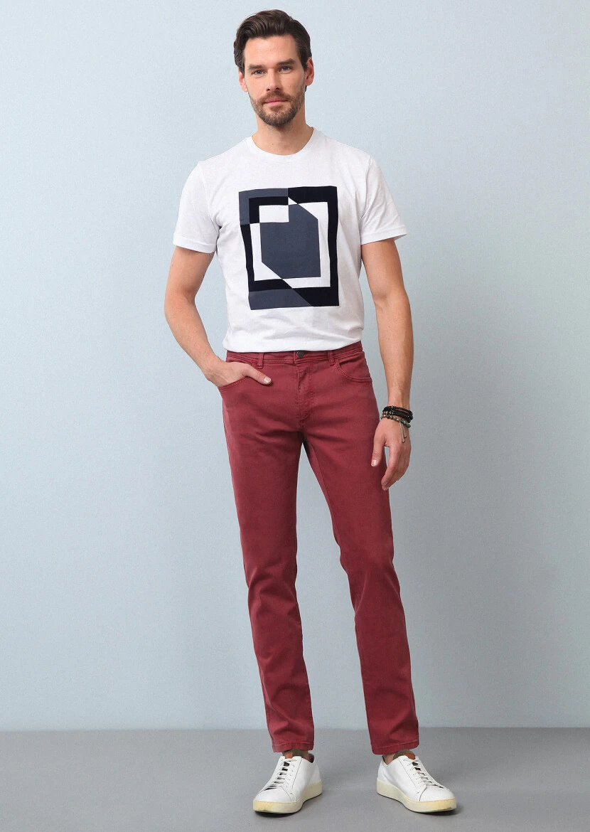 Dusty Rose Color Weaving Slim Fit Casual Cotton Blended Trousers - 1