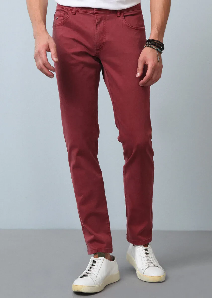 Dusty Rose Color Weaving Slim Fit Casual Cotton Blended Trousers - 2