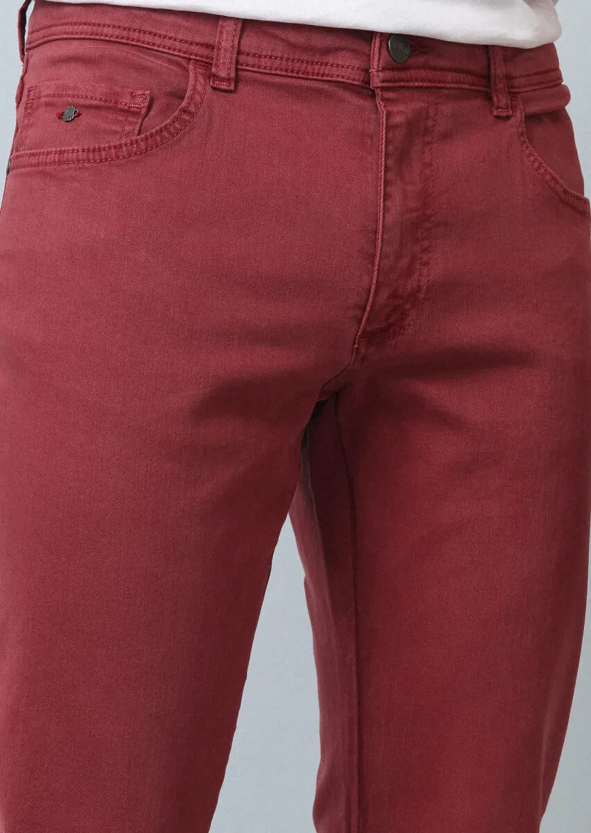 Dusty Rose Color Weaving Slim Fit Casual Cotton Blended Trousers - 3