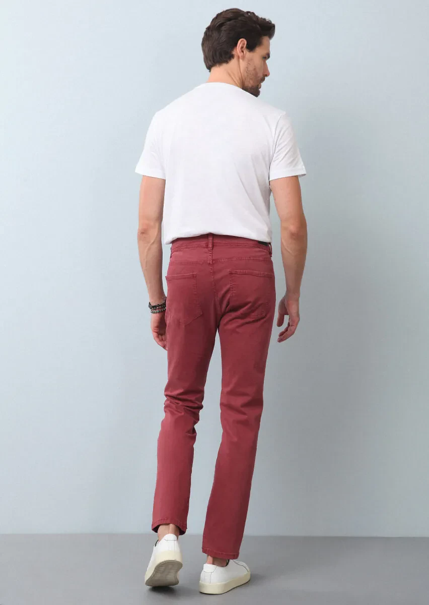 Dusty Rose Color Weaving Slim Fit Casual Cotton Blended Trousers - 4