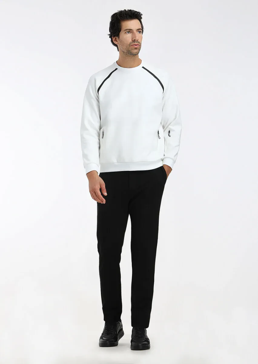Ecru Crew Neck Plain Sweatshirt - 1