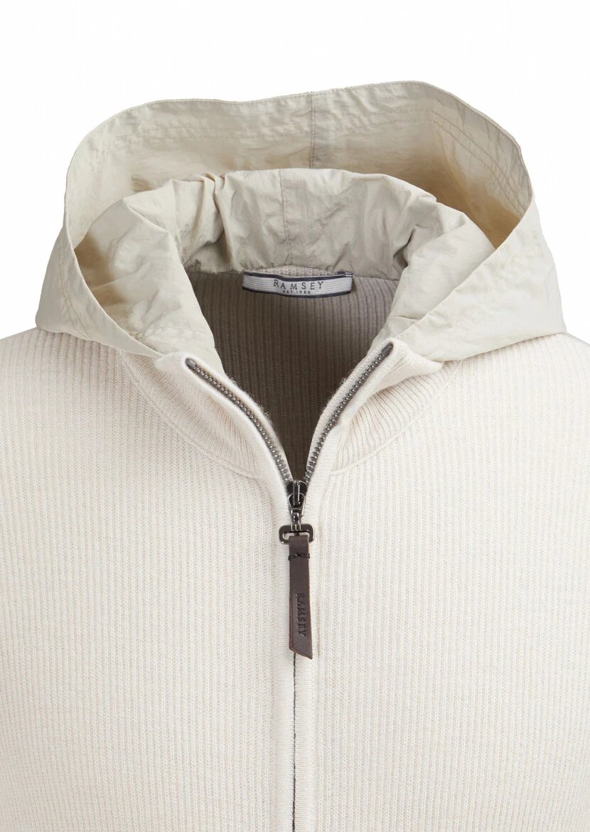 Ecru Hooded Plain Knitting Wool Blended Cardigan 