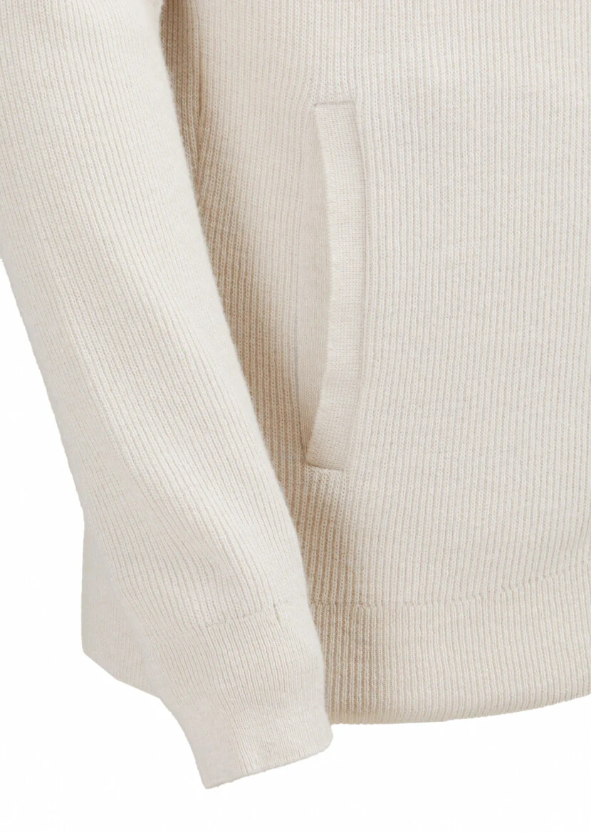 Ecru Hooded Plain Knitting Wool Blended Cardigan - 3