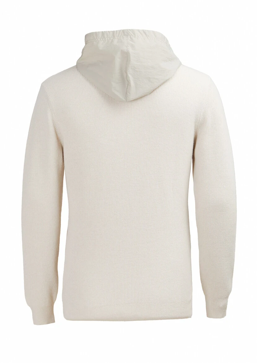 Ecru Hooded Plain Knitting Wool Blended Cardigan - 6