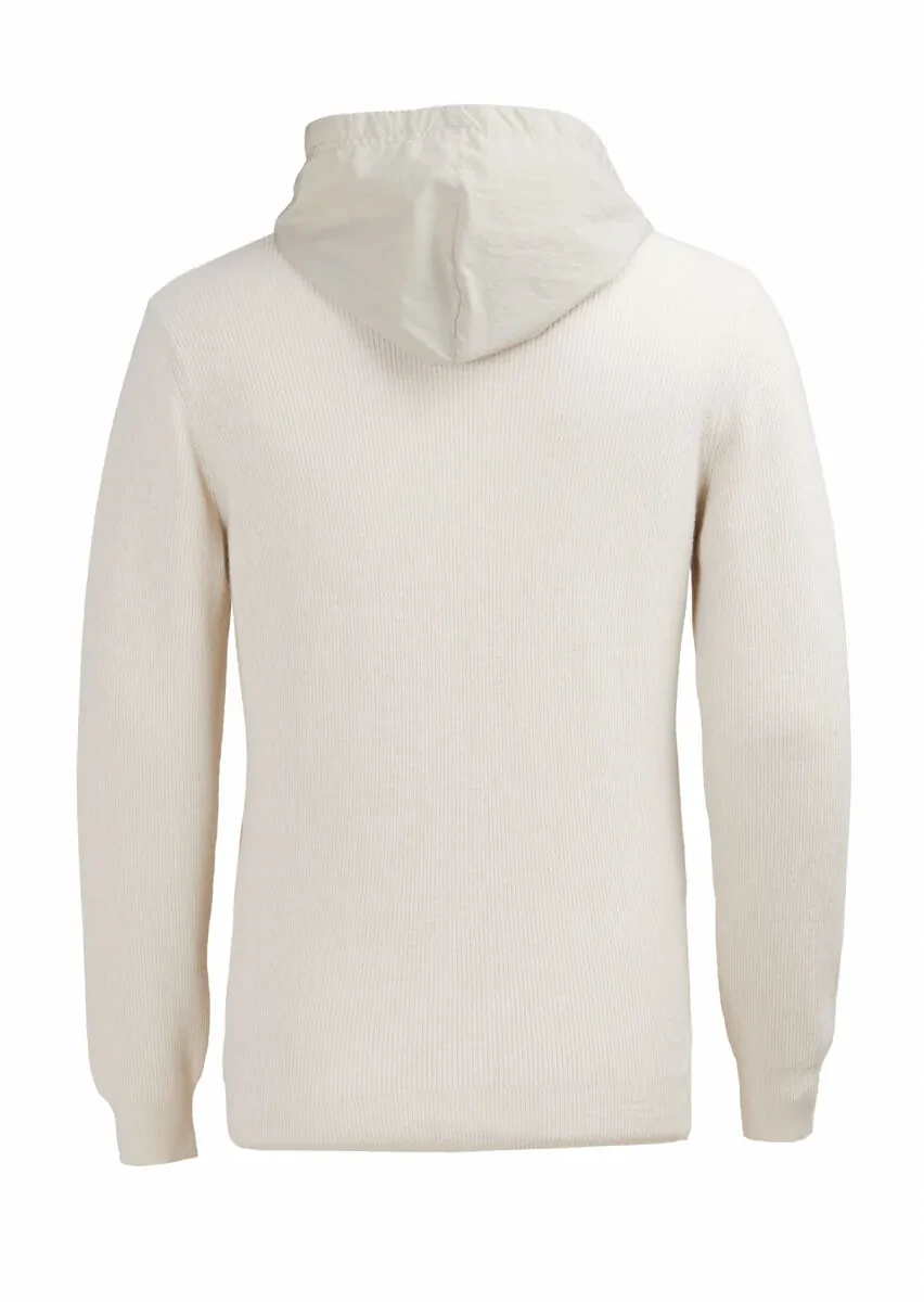 Ecru Hooded Plain Knitting Wool Blended Cardigan - 6