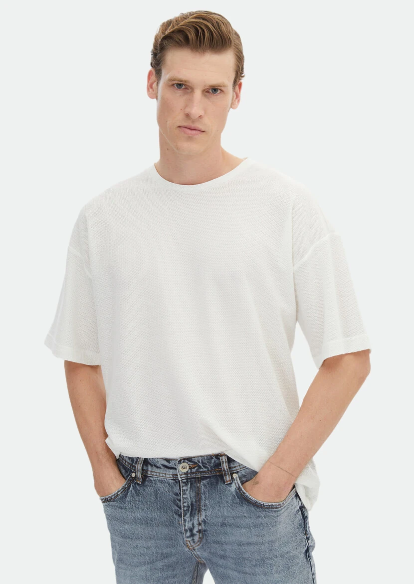 Ecru Jacquard Crew Neck 100% Cotton T-Shirt - RAMSEY