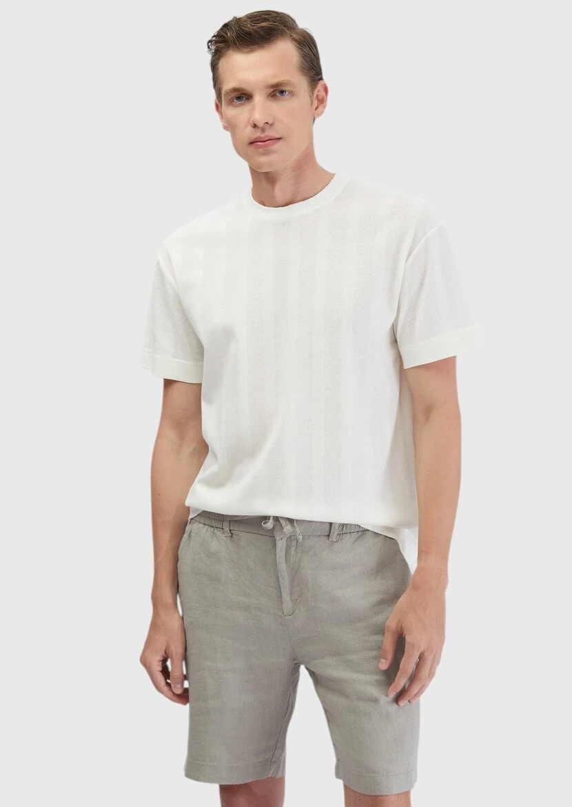 Ecru Jacquard Crew Neck 100% Cotton T-Shirt - RAMSEY