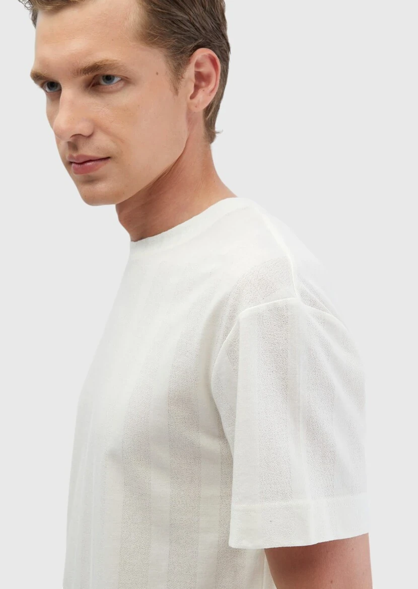 Ecru Jacquard Crew Neck 100% Cotton T-Shirt - 4