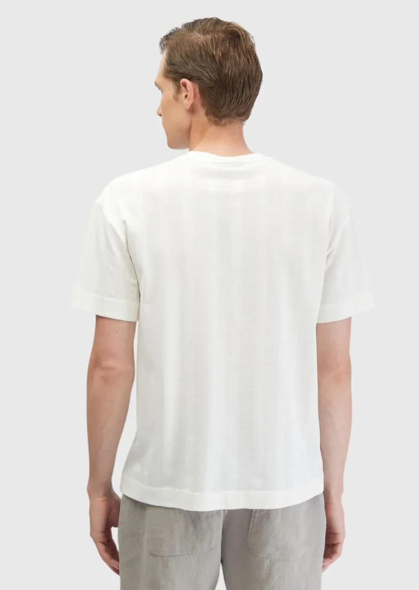 Ecru Jacquard Crew Neck 100% Cotton T-Shirt - 7