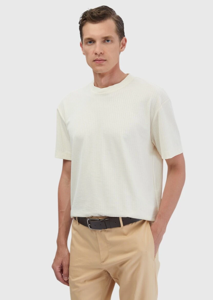 Ecru Jacquard Crew Neck T-Shirt - RAMSEY