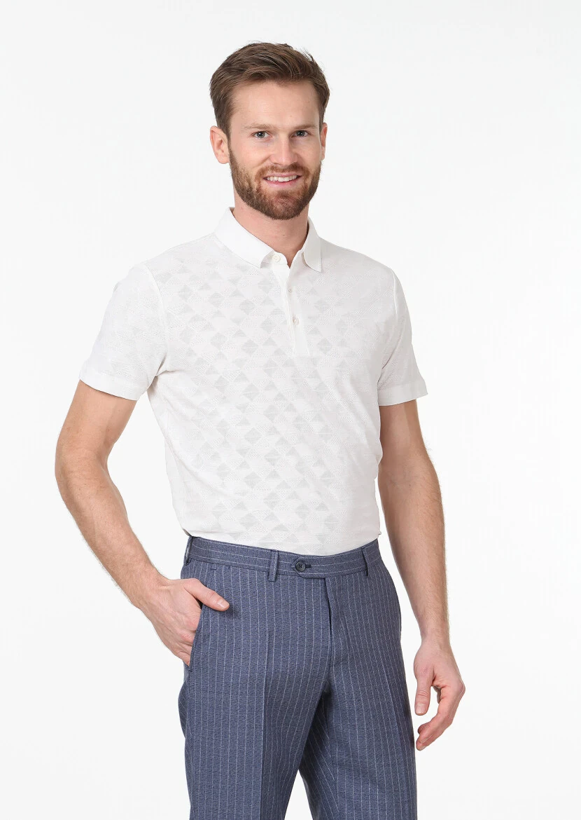 Ecru Jacquard Polo Neck 100% Cotton T-Shirt - 1