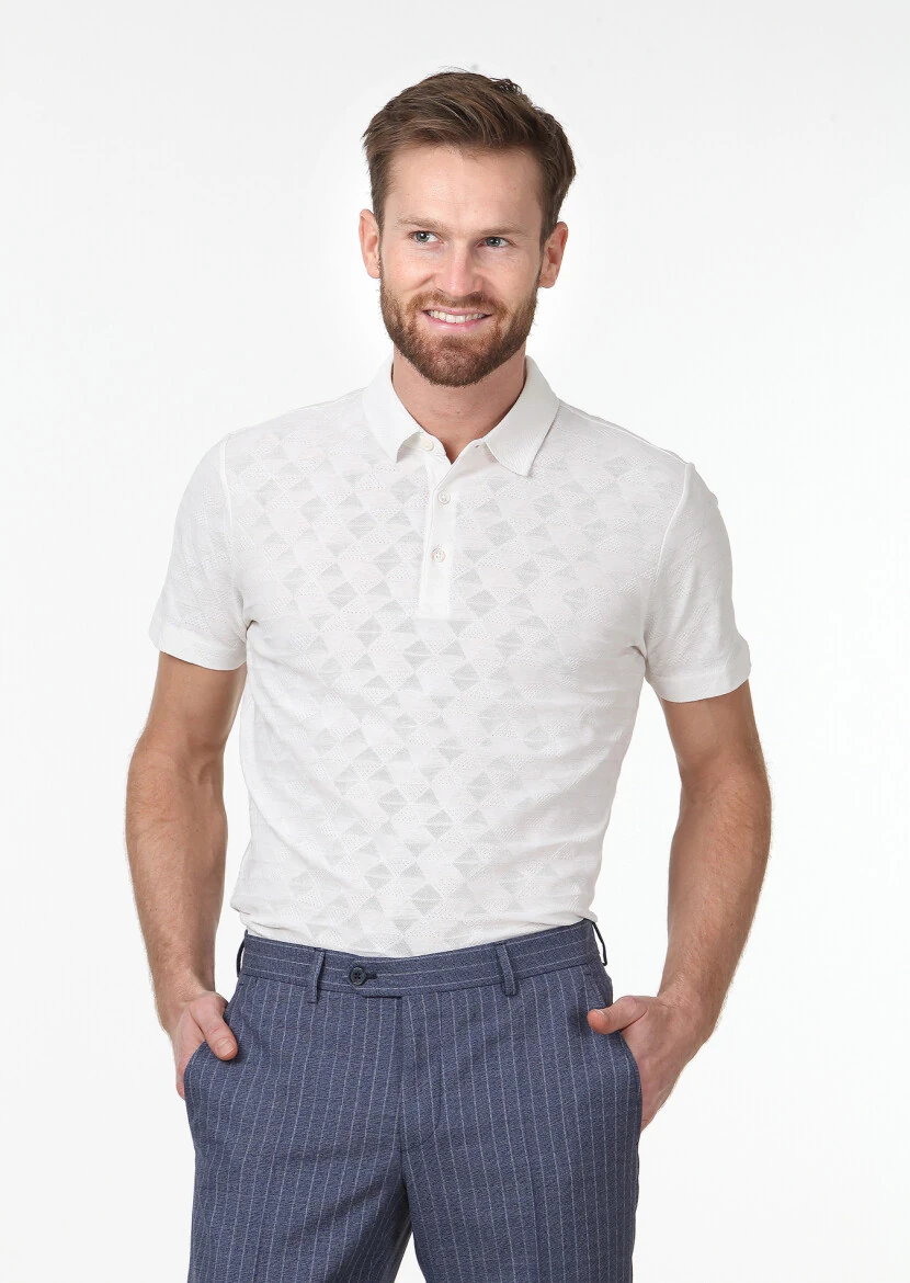 Ecru Jacquard Polo Neck 100% Cotton T-Shirt - 3