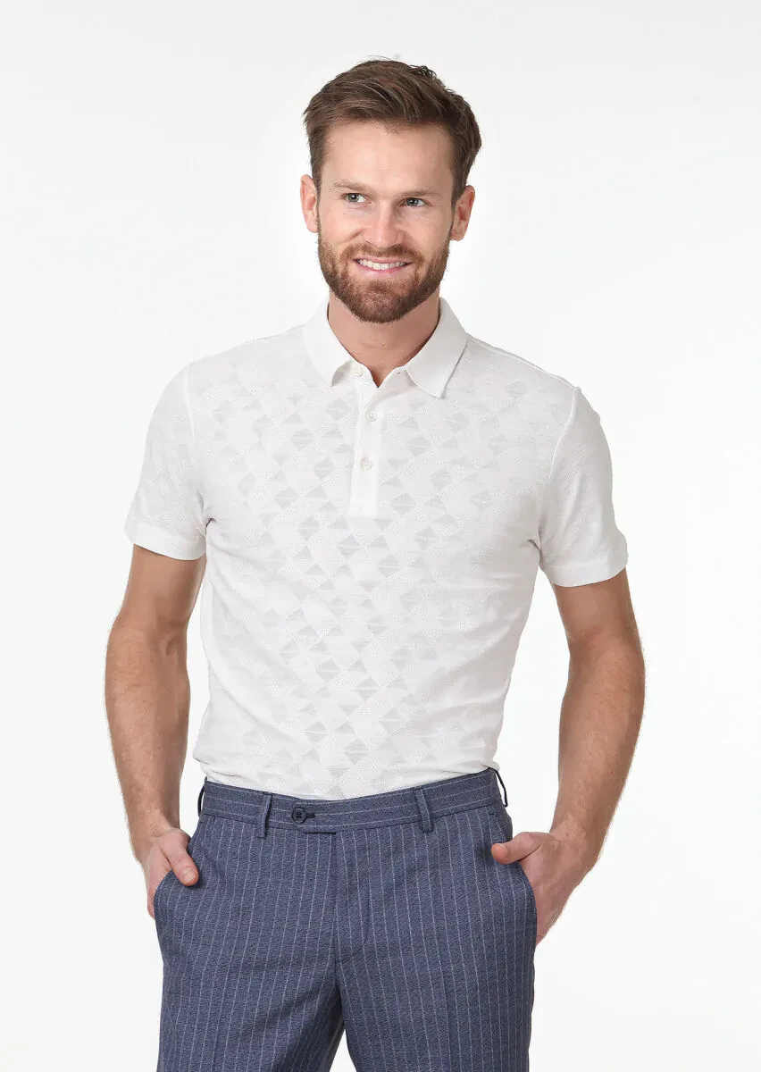 Ecru Jacquard Polo Neck 100% Cotton T-Shirt - 3