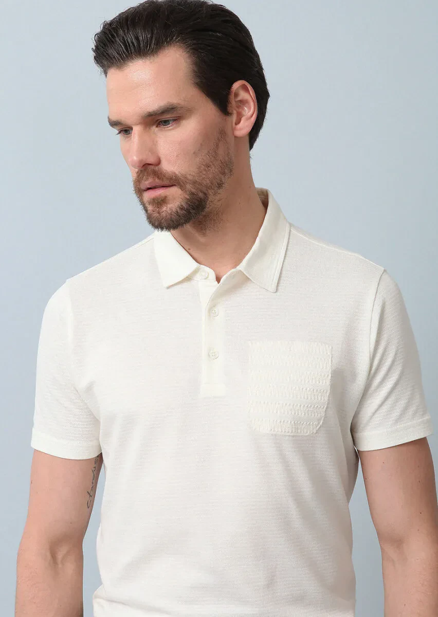 Ecru Jacquard Polo Neck 100% Cotton T-Shirt - 1