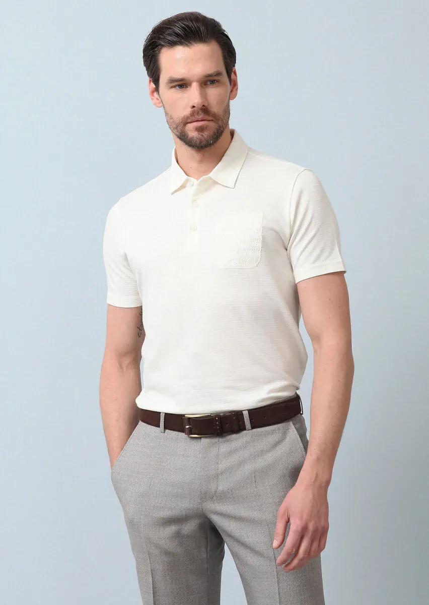 Ecru Jacquard Polo Neck 100% Cotton T-Shirt - 2