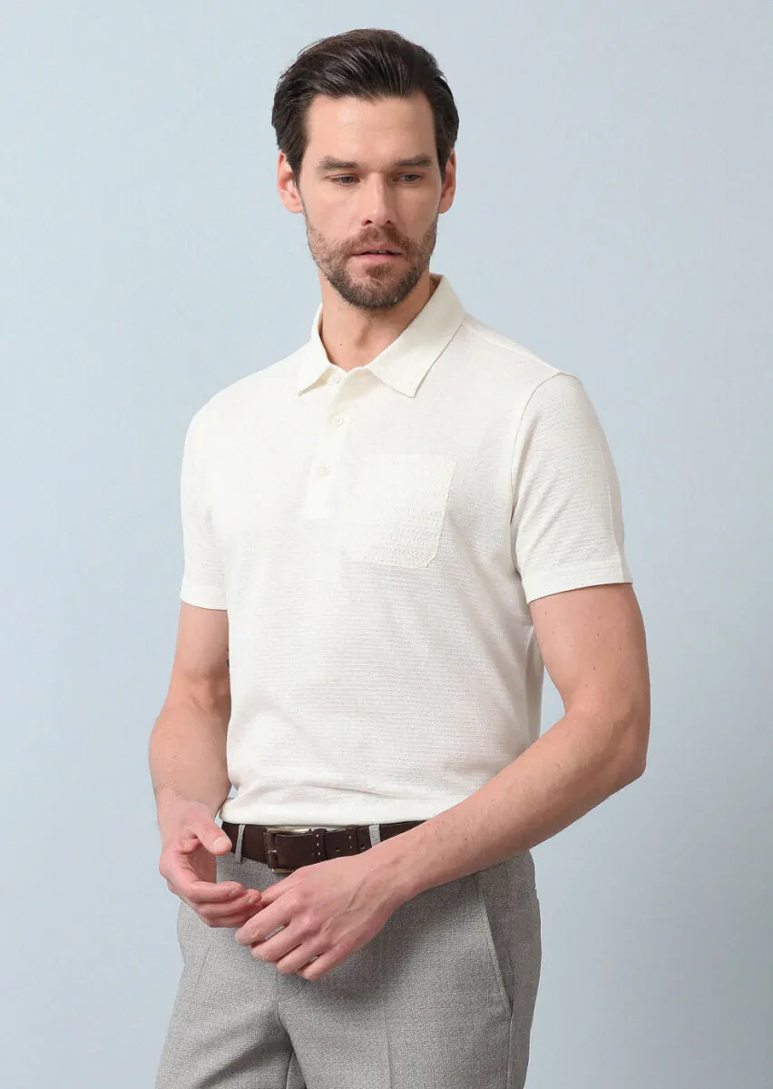 Ecru Jacquard Polo Neck 100% Cotton T-Shirt - 4
