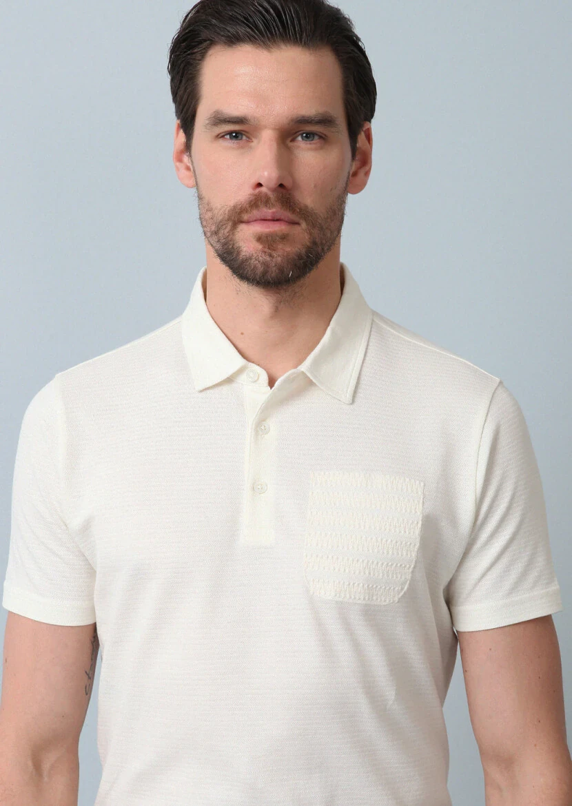 Ecru Jacquard Polo Neck 100% Cotton T-Shirt - 5