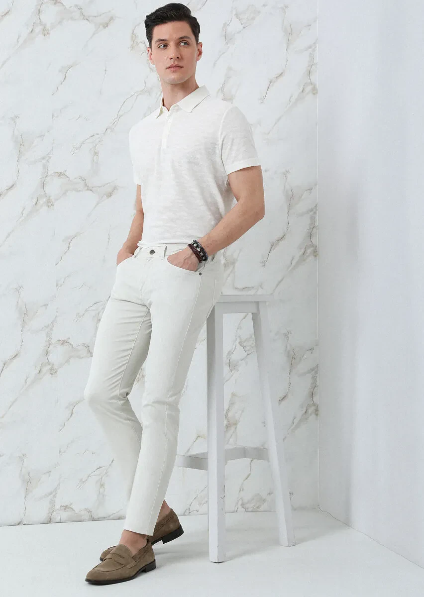 Ecru Jacquard Polo Neck 100% Cotton T-Shirt - 2