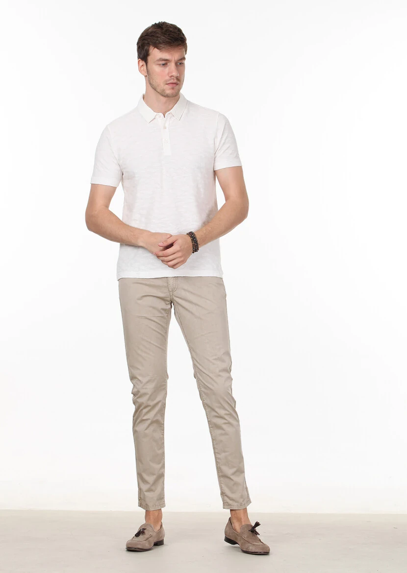 Ecru Jacquard Polo Neck 100% Cotton T-Shirt - 3