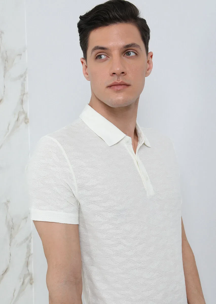 Ecru Jacquard Polo Neck 100% Cotton T-Shirt - 4