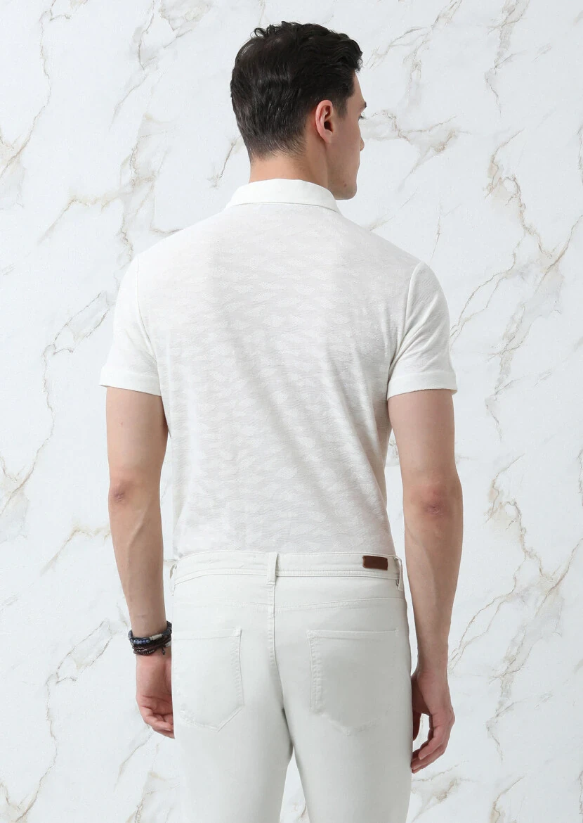 Ecru Jacquard Polo Neck 100% Cotton T-Shirt - 6