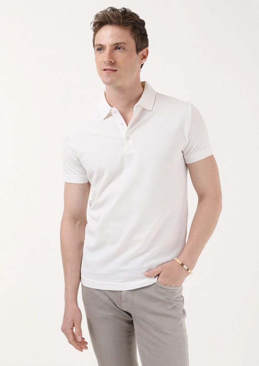 Ecru Jacquard Polo Neck 100% Cotton T-Shirt - 1