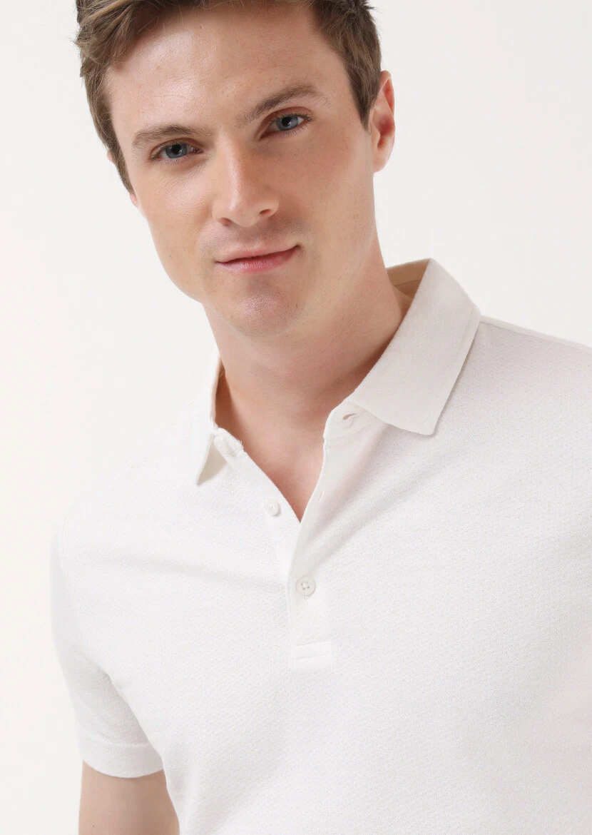 Ecru Jacquard Polo Neck 100% Cotton T-Shirt - 3