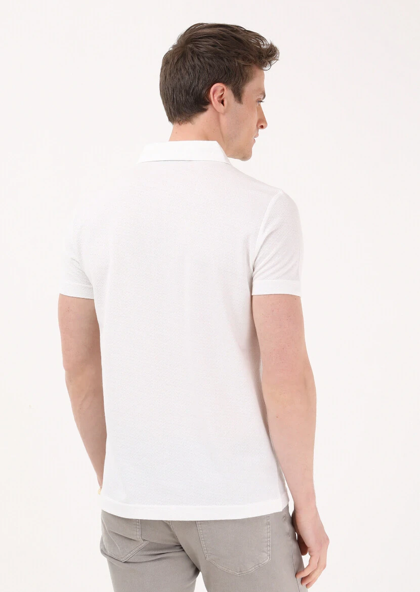 Ecru Jacquard Polo Neck 100% Cotton T-Shirt - 4