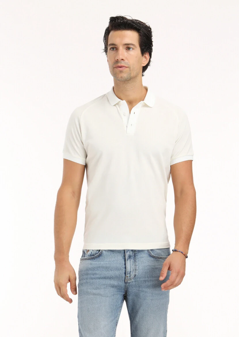 Ecru Jacquard Polo Neck 100% Cotton T-Shirt 