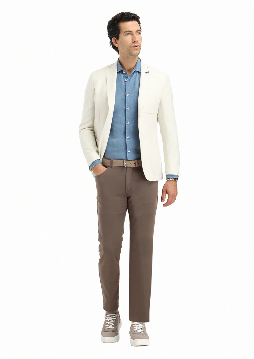 Ecru Micro Shirt Shoulder Slim Fit Cotton Blended Jacket - 1