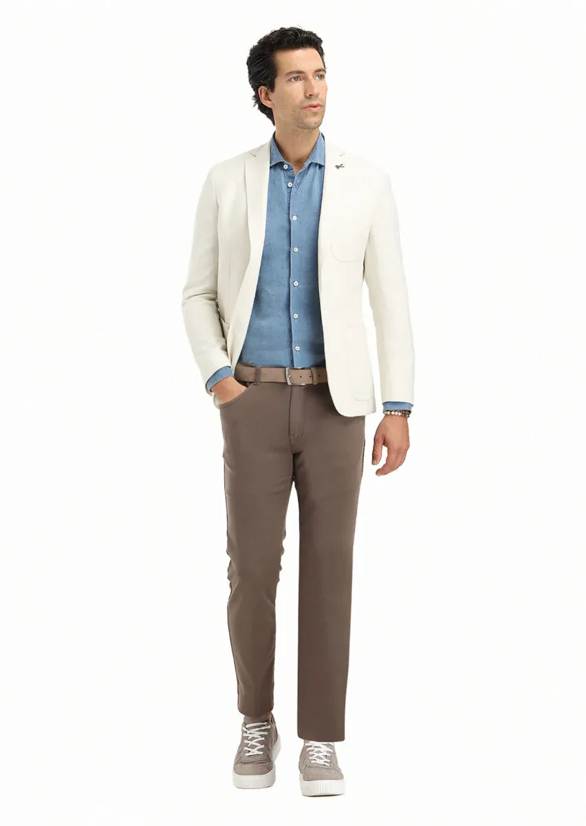 Ecru Micro Shirt Shoulder Slim Fit Cotton Blended Jacket - 1