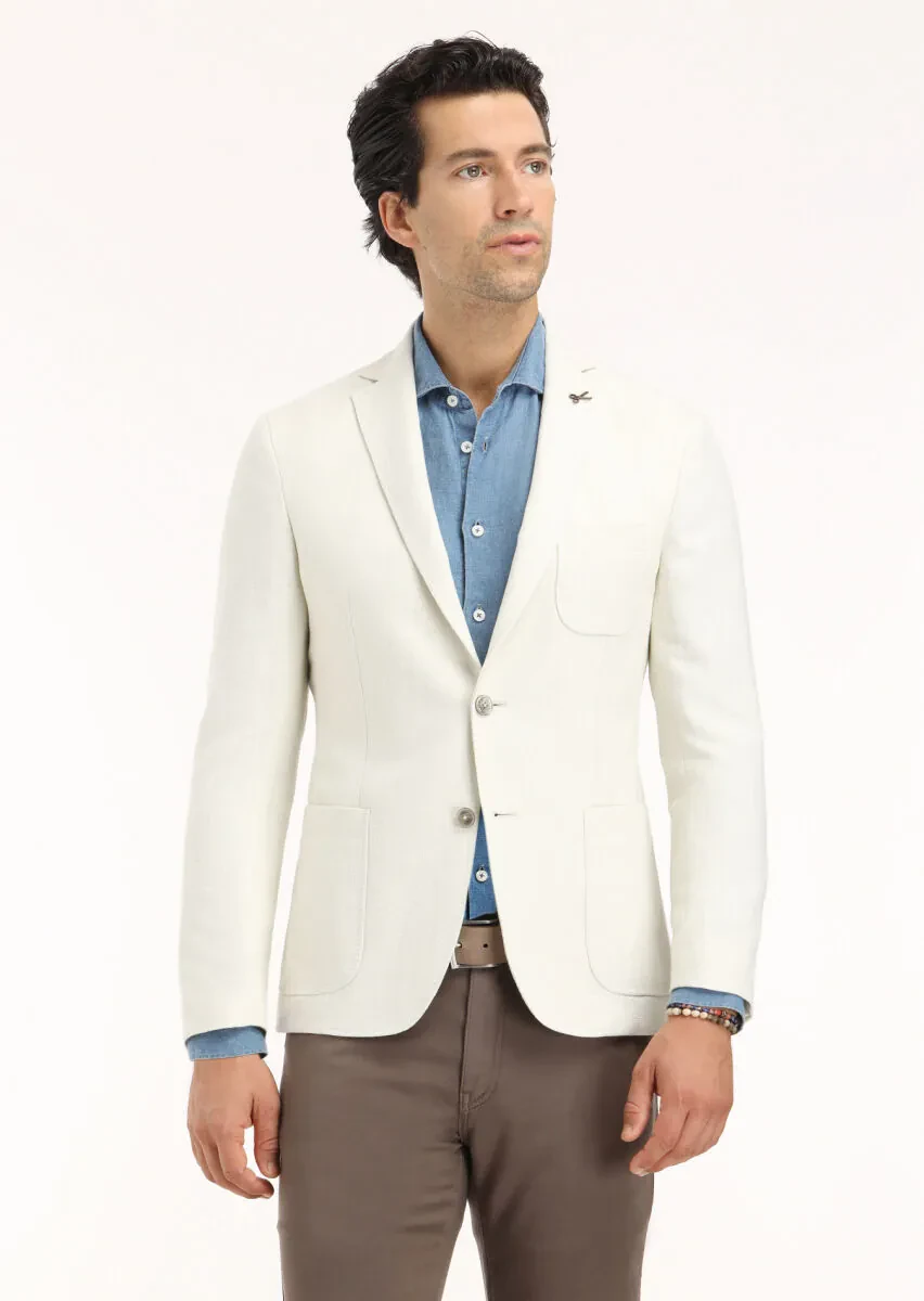 Ecru Micro Shirt Shoulder Slim Fit Cotton Blended Jacket - 2