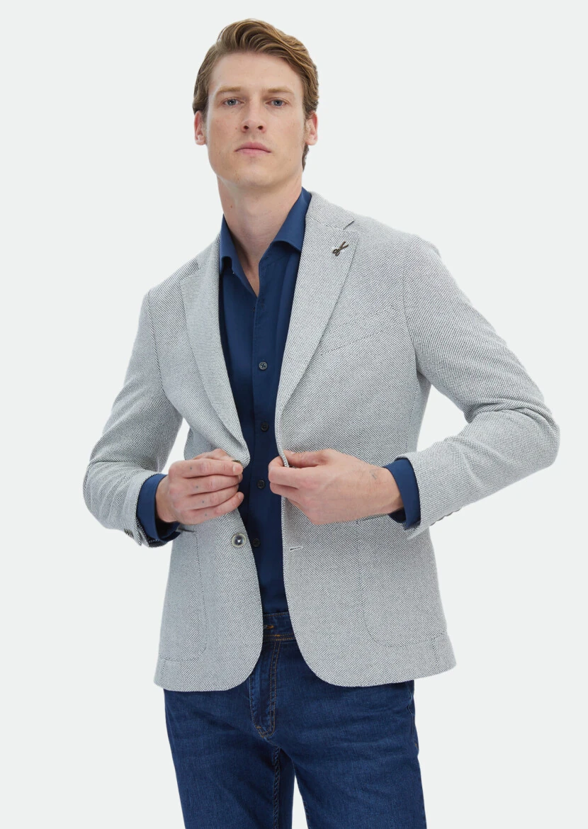 Ecru Micro Shirt Shoulder Slim Fit Cotton Blended Jacket - RAMSEY