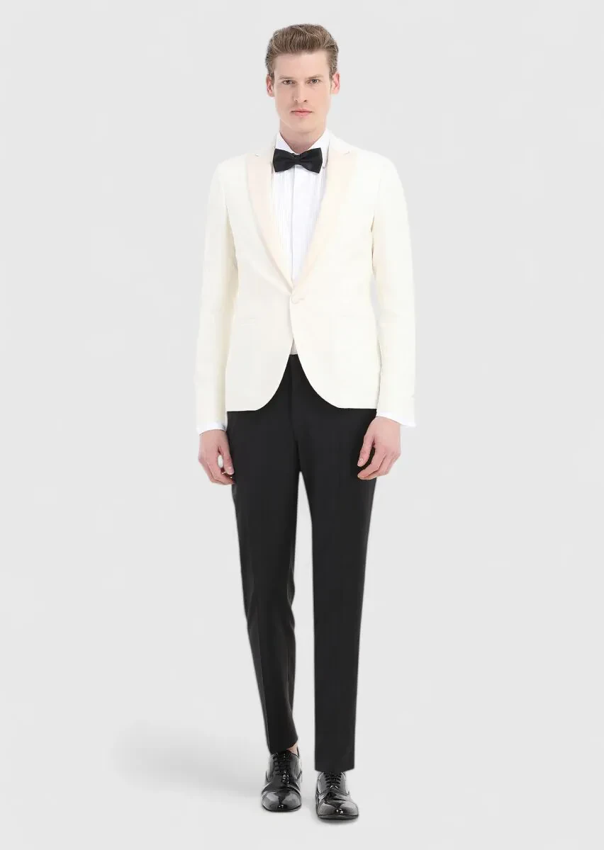 Ecru Patterned Fashion Slim Fit Double Breasted Collar Weaving Tuxedo - 1