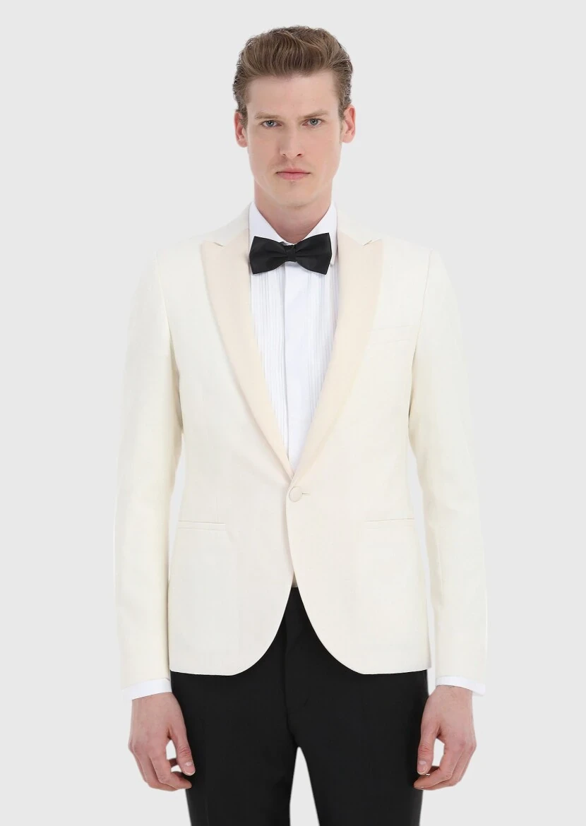 Ecru Patterned Fashion Slim Fit Double Breasted Collar Weaving Tuxedo - RAMSEY