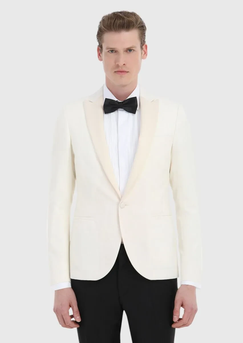 Ecru Patterned Fashion Slim Fit Double Breasted Collar Weaving Tuxedo - 2