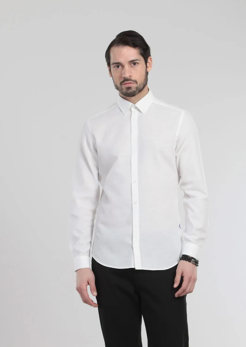 Ecru Patterned Fitted Fit Weaving Casual 100% Cotton Shirt - 1