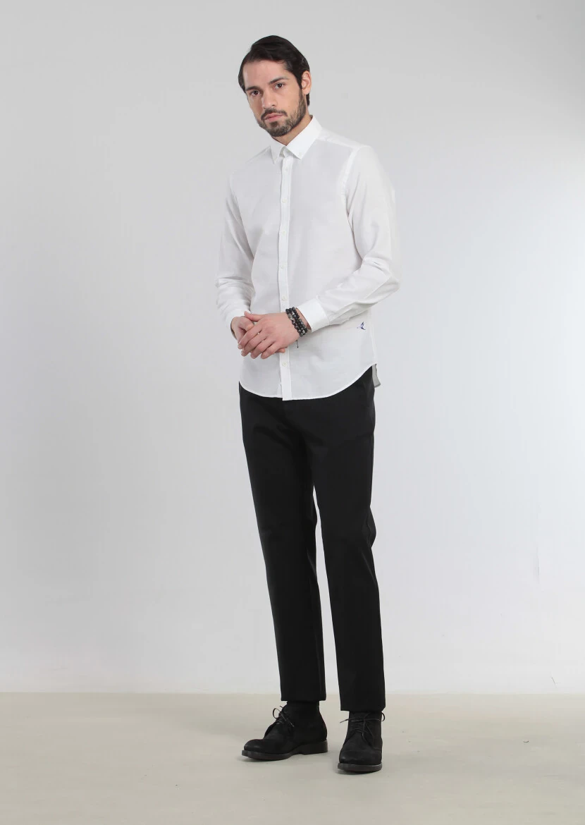 Ecru Patterned Fitted Fit Weaving Casual 100% Cotton Shirt - 3