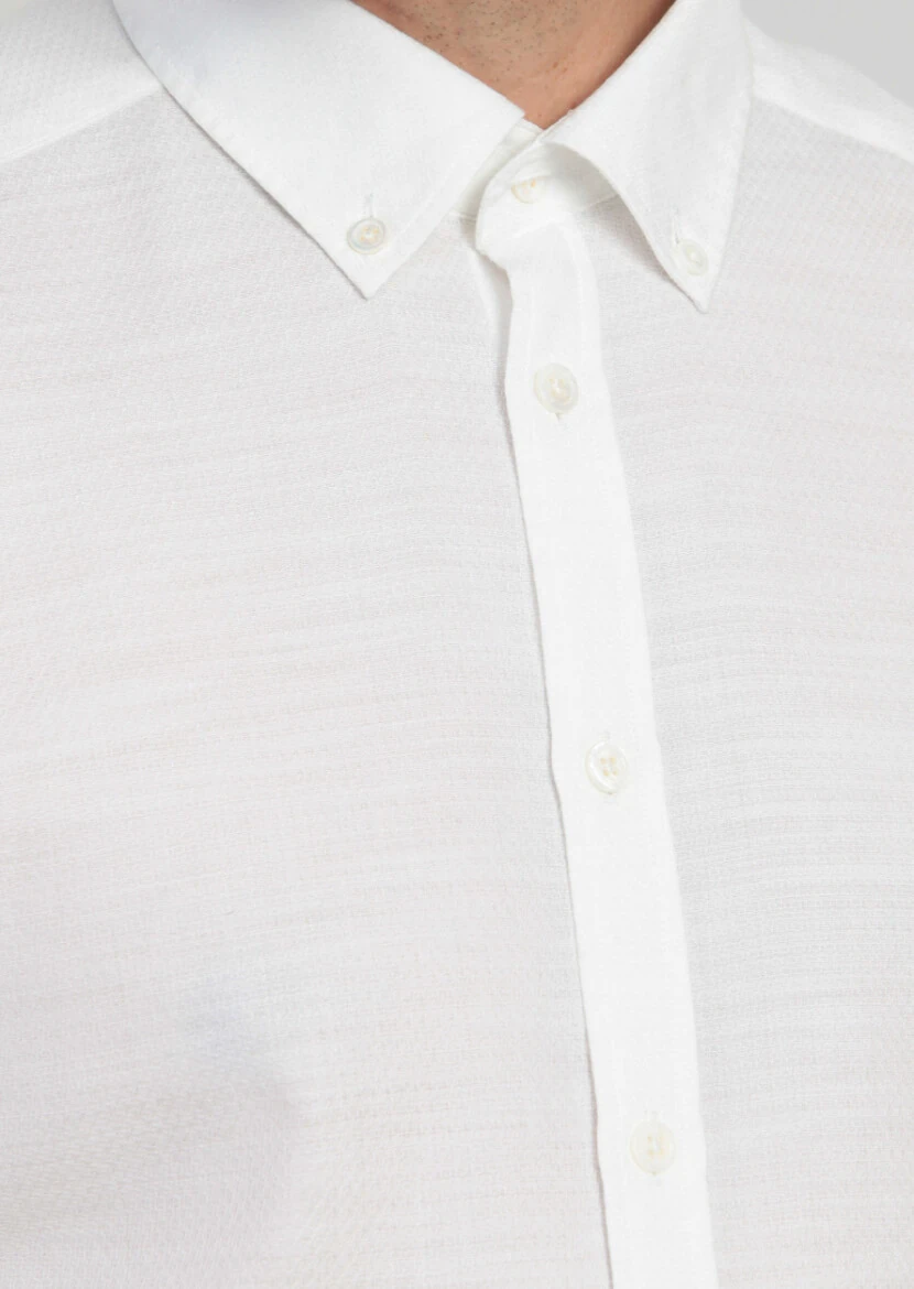 Ecru Patterned Fitted Fit Weaving Casual 100% Cotton Shirt - 4