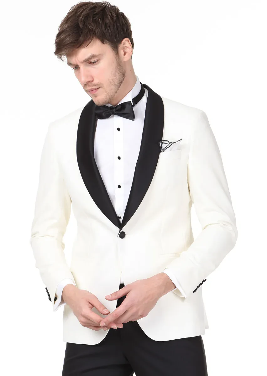 Ecru Patterned Modern Fit Shawl Collar Weaving Tuxedo - 1