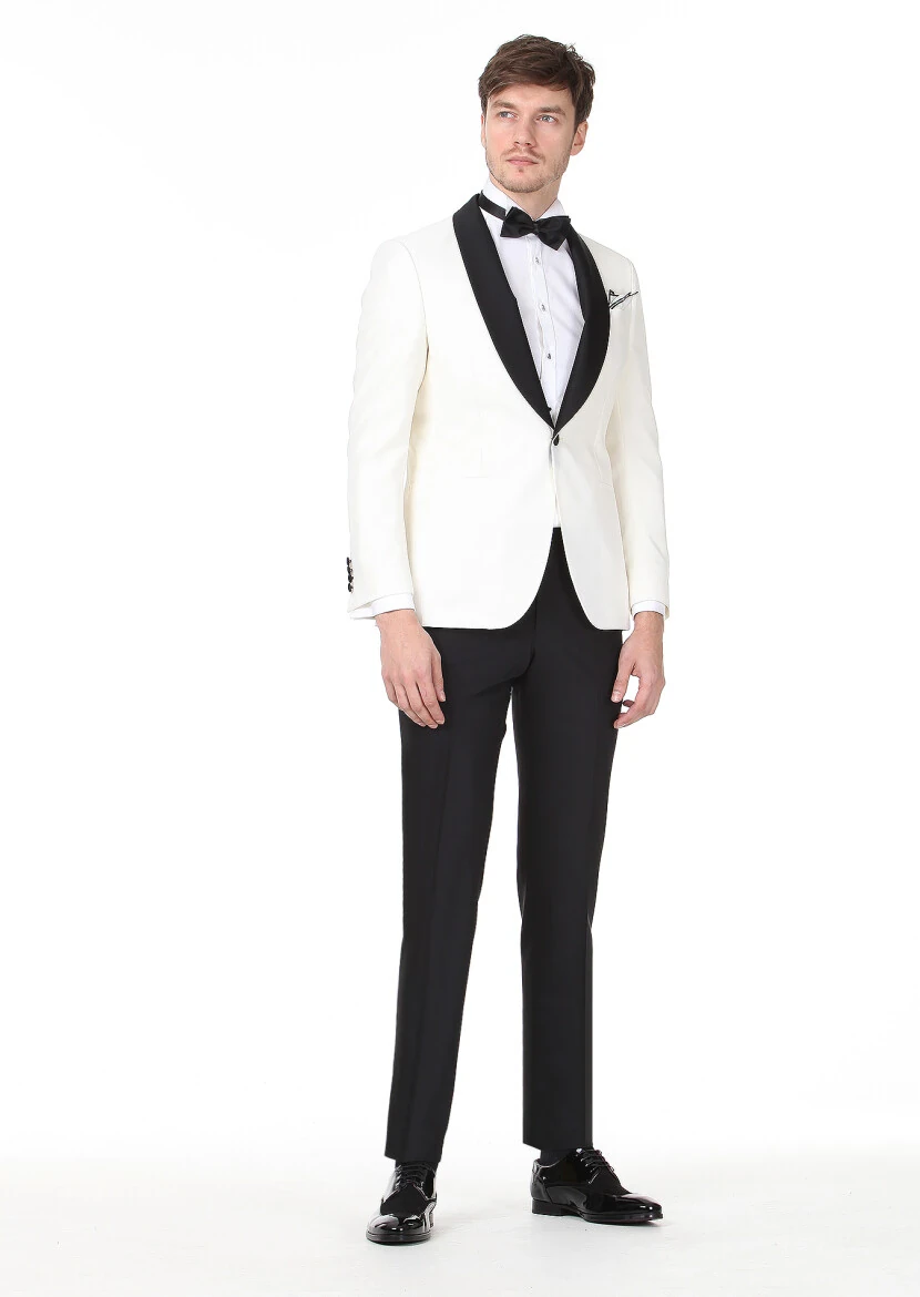 Ecru Patterned Modern Fit Shawl Collar Weaving Tuxedo - 2
