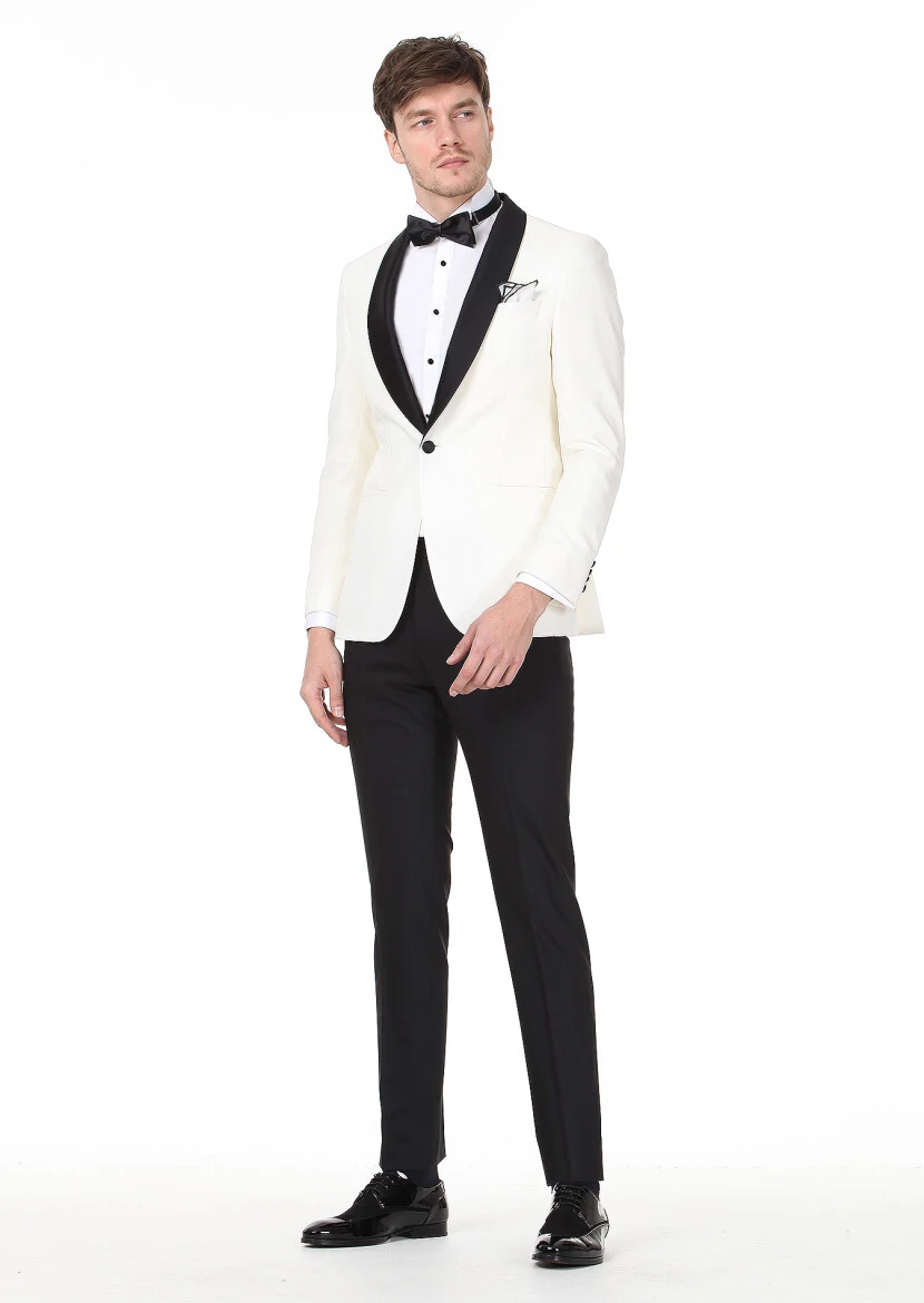 Ecru Patterned Modern Fit Shawl Collar Weaving Tuxedo - 3