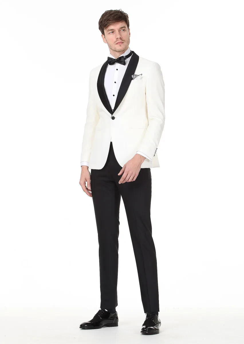Ecru Patterned Modern Fit Shawl Collar Weaving Tuxedo - 3
