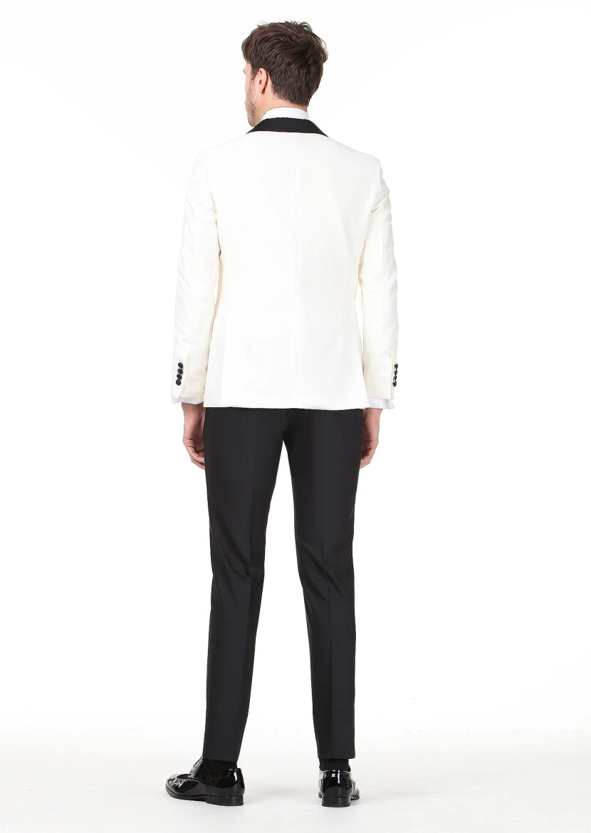 Ecru Patterned Modern Fit Shawl Collar Weaving Tuxedo - 4