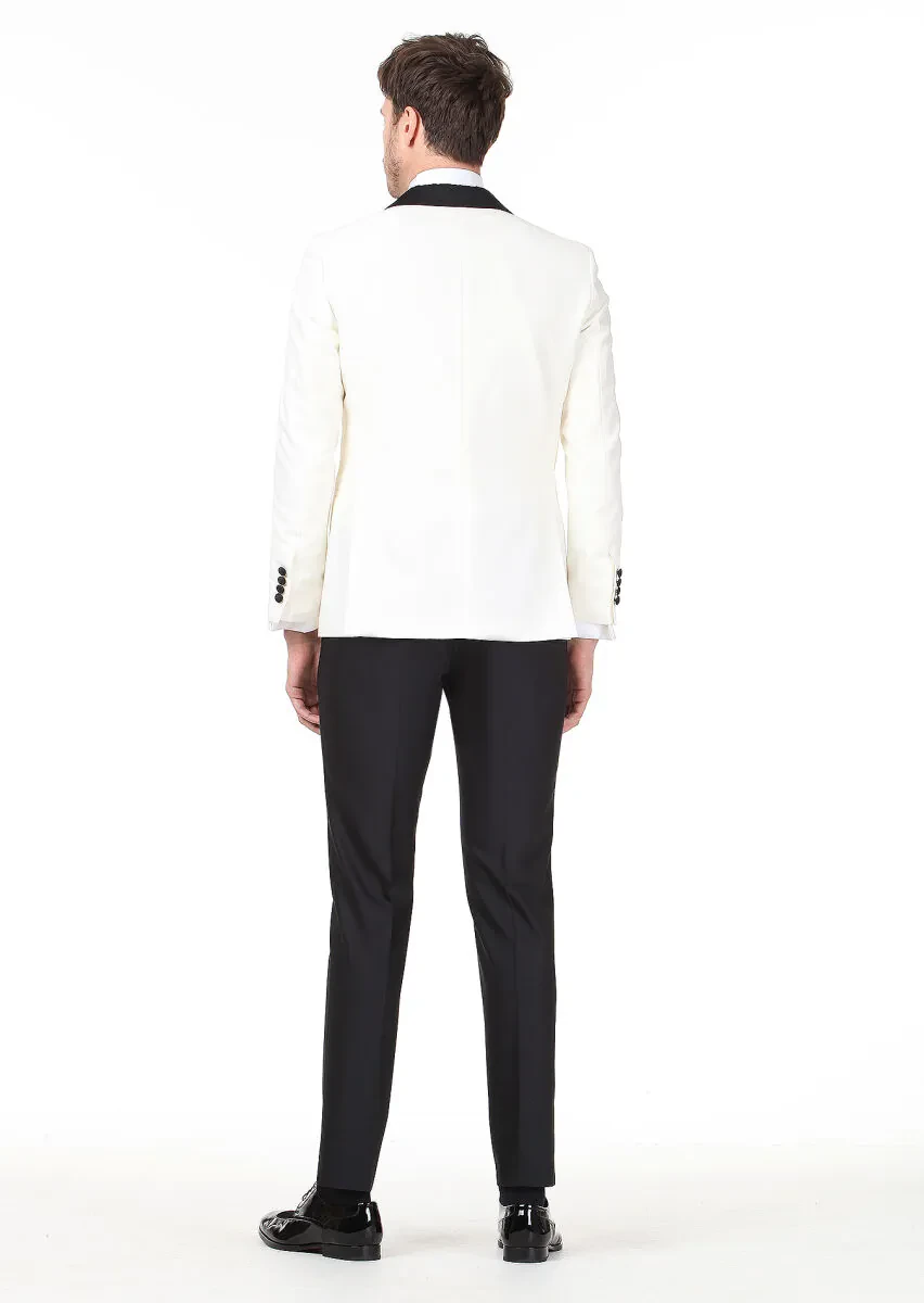 Ecru Patterned Modern Fit Shawl Collar Weaving Tuxedo - 4
