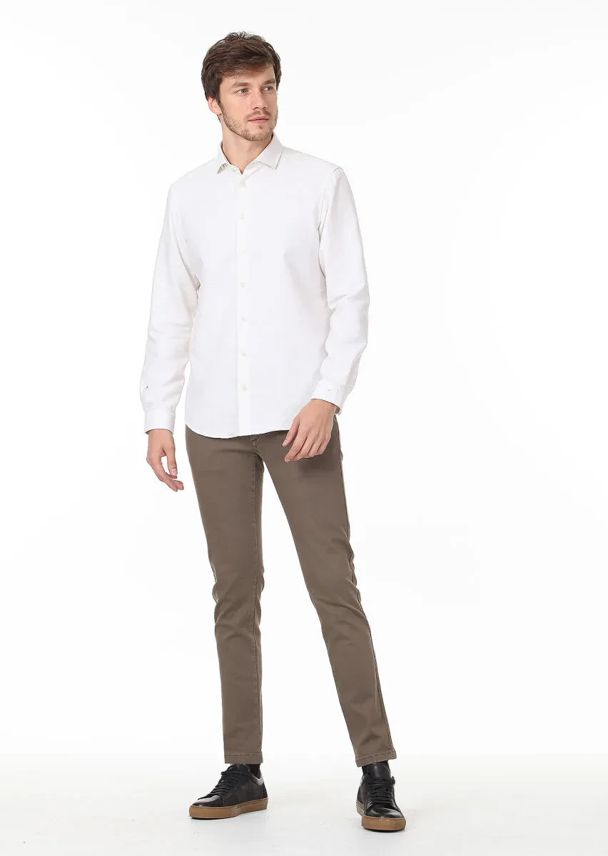 Ecru Patterned Regular Fit Weaving Casual Cotton Blended Shirt - 3