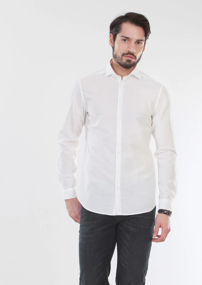 Ecru Patterned Slim Fit Weaving Casual 100% Cotton Shirt - 3