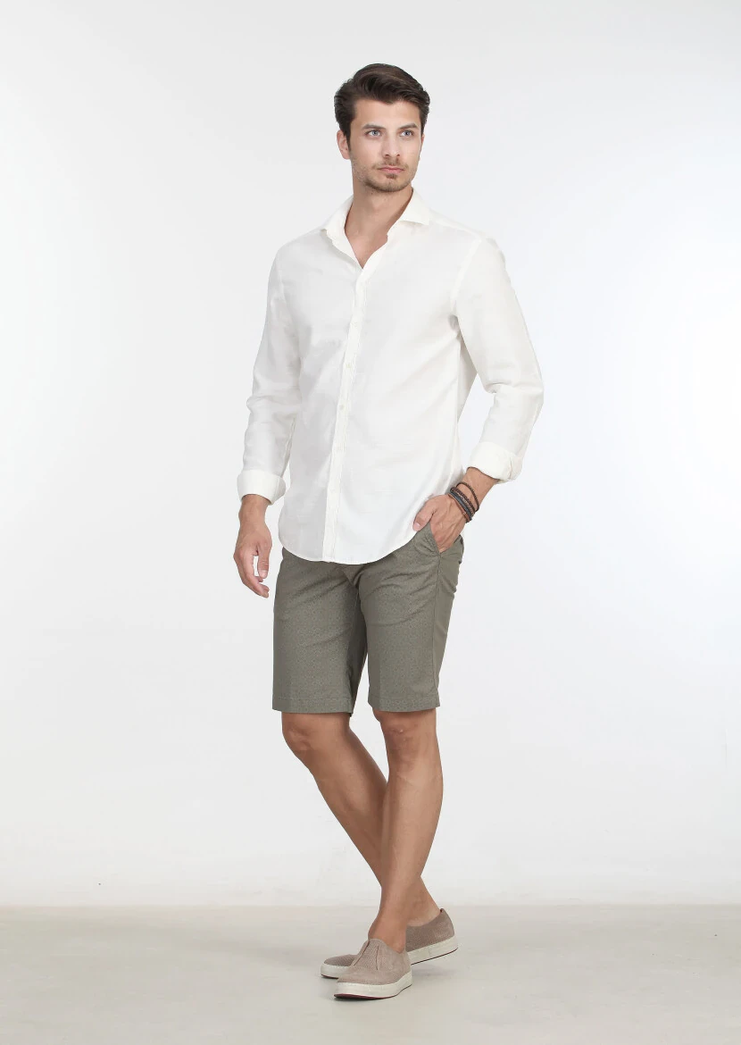 Ecru Patterned Slim Fit Weaving Casual 100% Cotton Shirt - 1