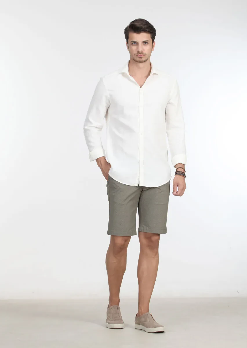 Ecru Patterned Slim Fit Weaving Casual 100% Cotton Shirt - 2