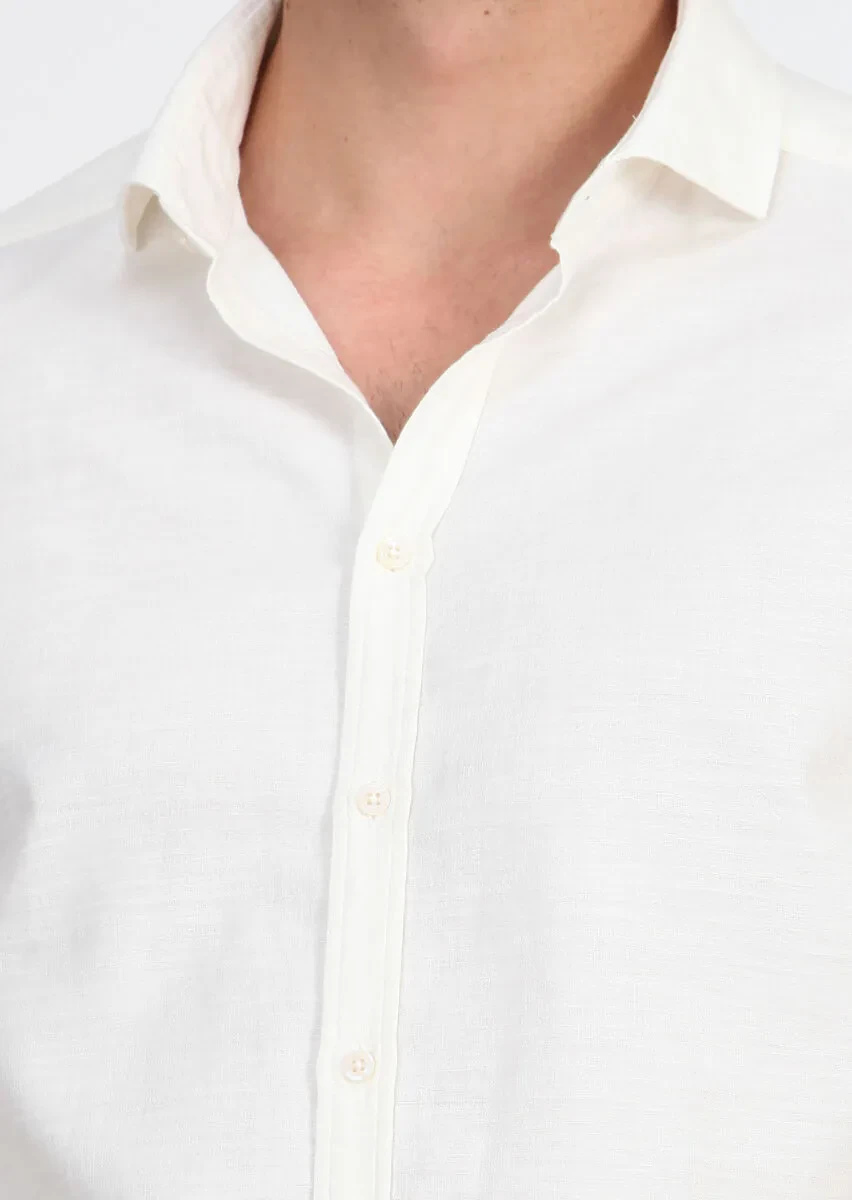 Ecru Patterned Slim Fit Weaving Casual 100% Cotton Shirt - 3